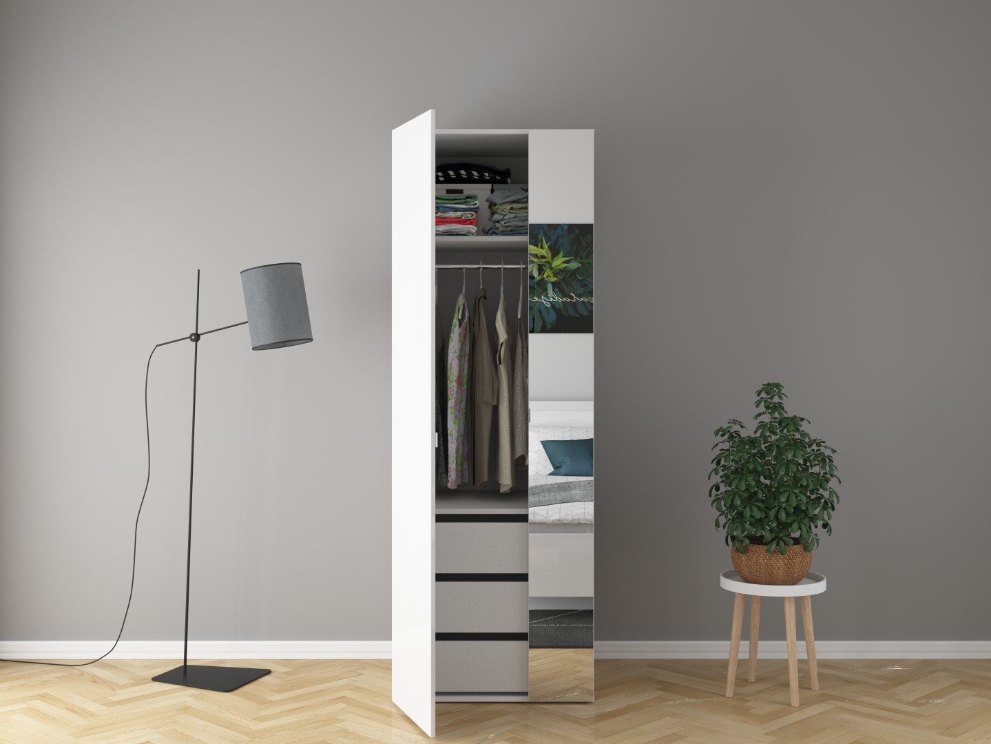FLEX 75 cm two-door wardrobe with mirror, white/gray - Image 4