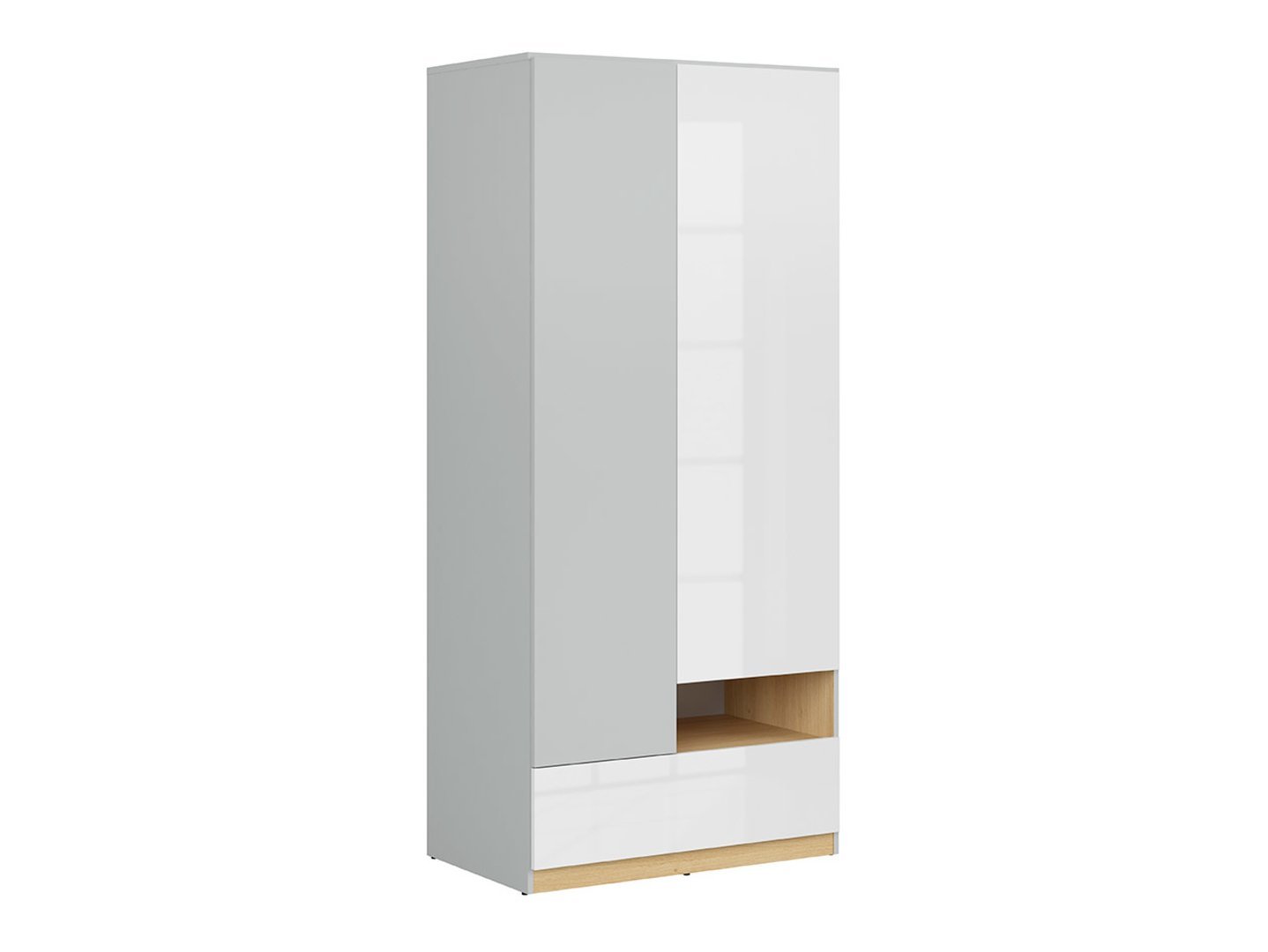 NANDU 90 cm two-door wardrobe with drawer, light gray/polished oak/high-gloss white