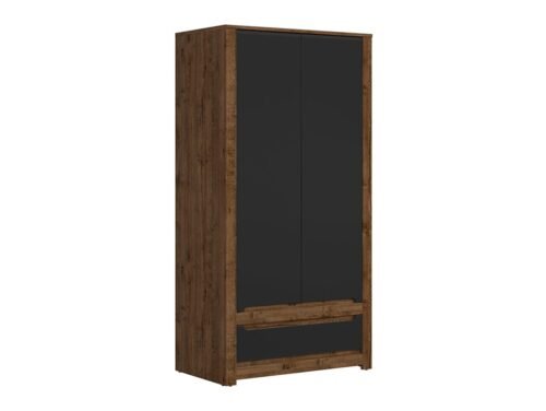 Two-door wardrobe with drawer RUSO 104 cm, ash oak/matte black
