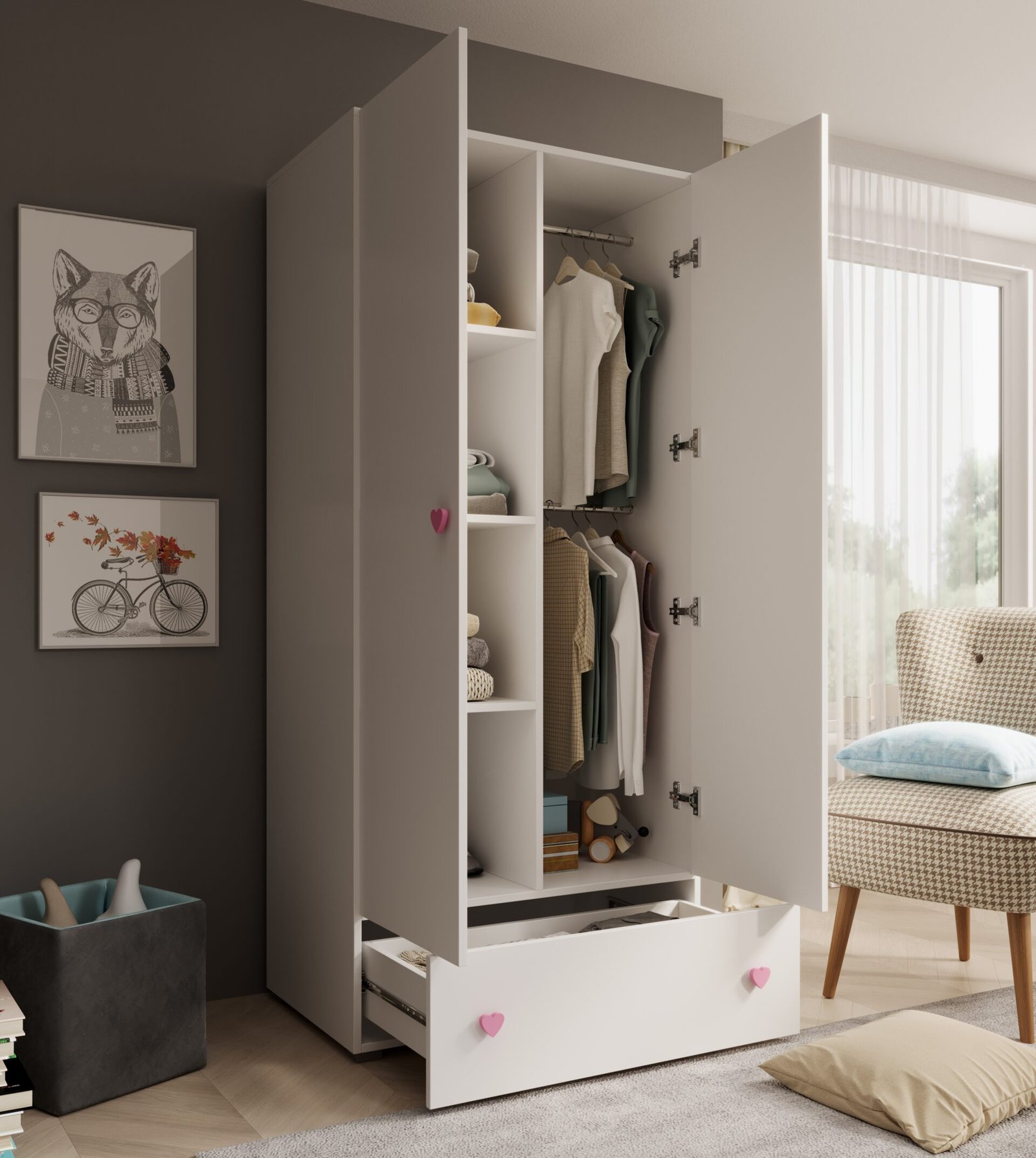 Emily wardrobe with heart-shaped handle, pink, white, ADRK - Image 3