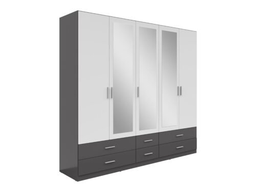ARNAKA five-door wardrobe with mirrors and six drawers, graphite/textile/white