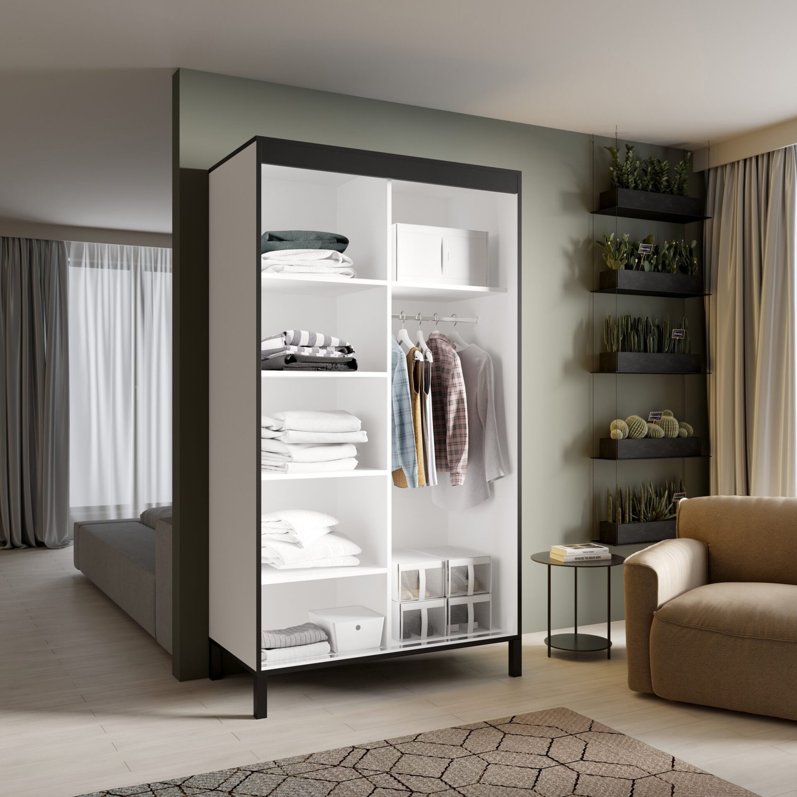 BELL 120 Sliding wardrobe with sliding doors, white/black, ADRK - Image 2