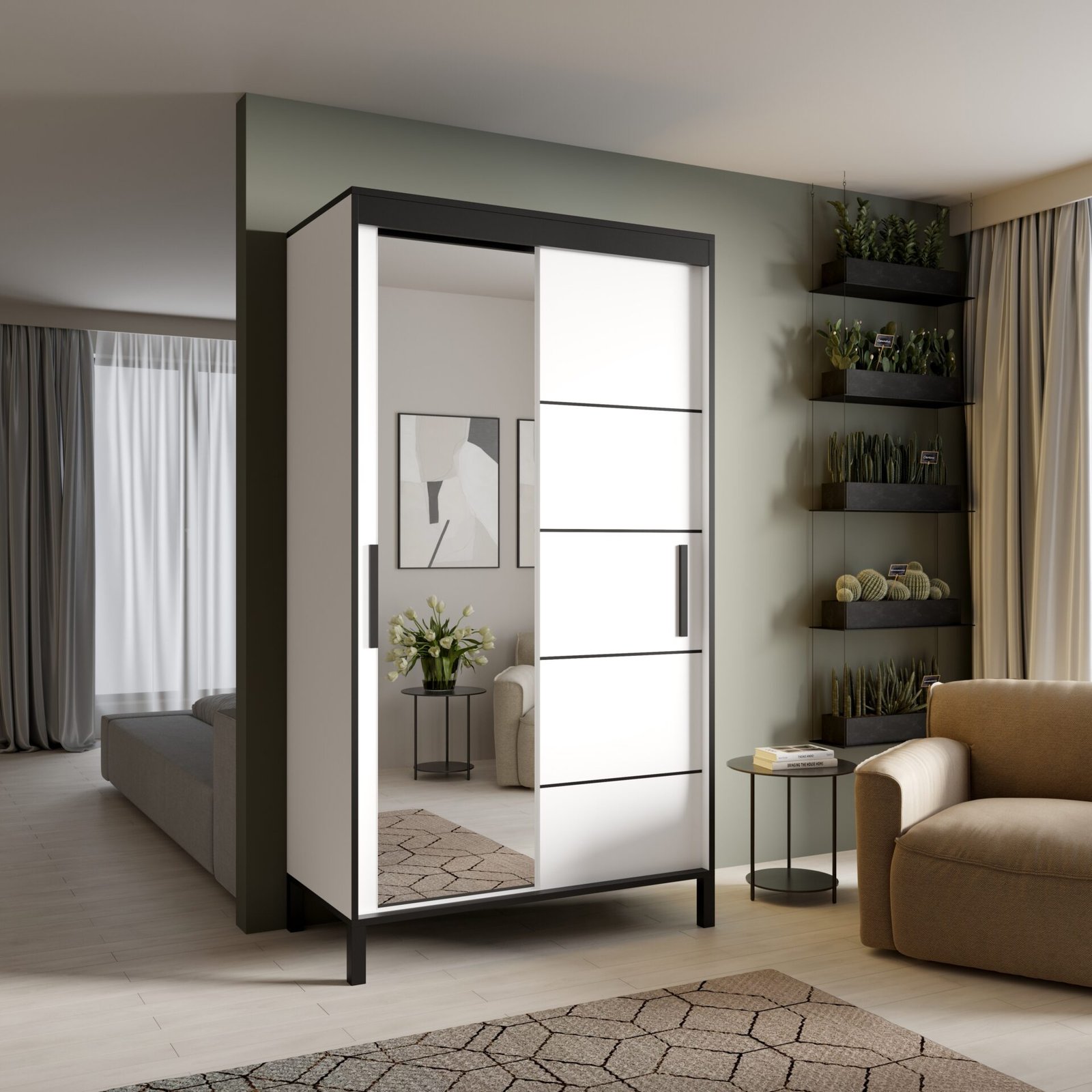 BELL-M 120 Sliding wardrobe with sliding doors, white/black, ADRK - Image 3