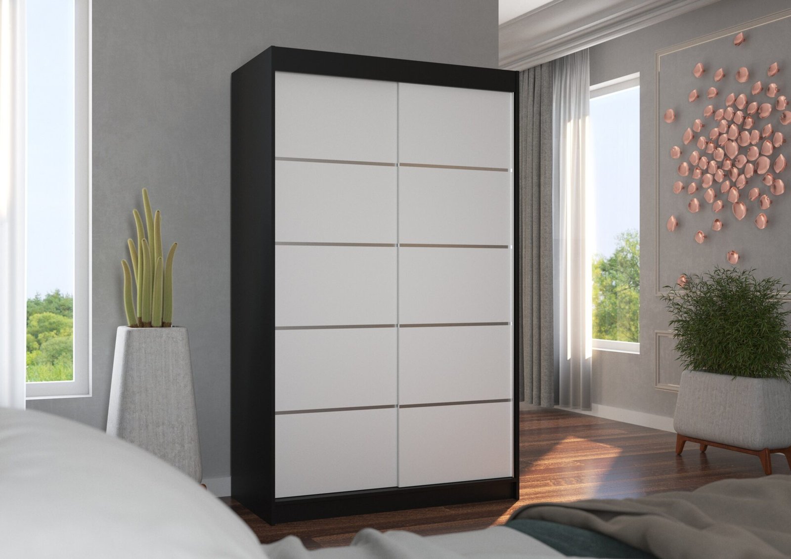 BENISSO 120 Sliding wardrobe with sliding doors, black/white, ADRK - Image 2