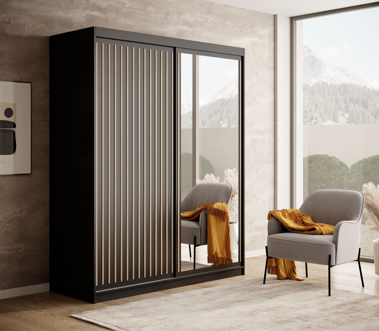 Delia 160 sliding wardrobe, black/artisan, ADRK - Image 3