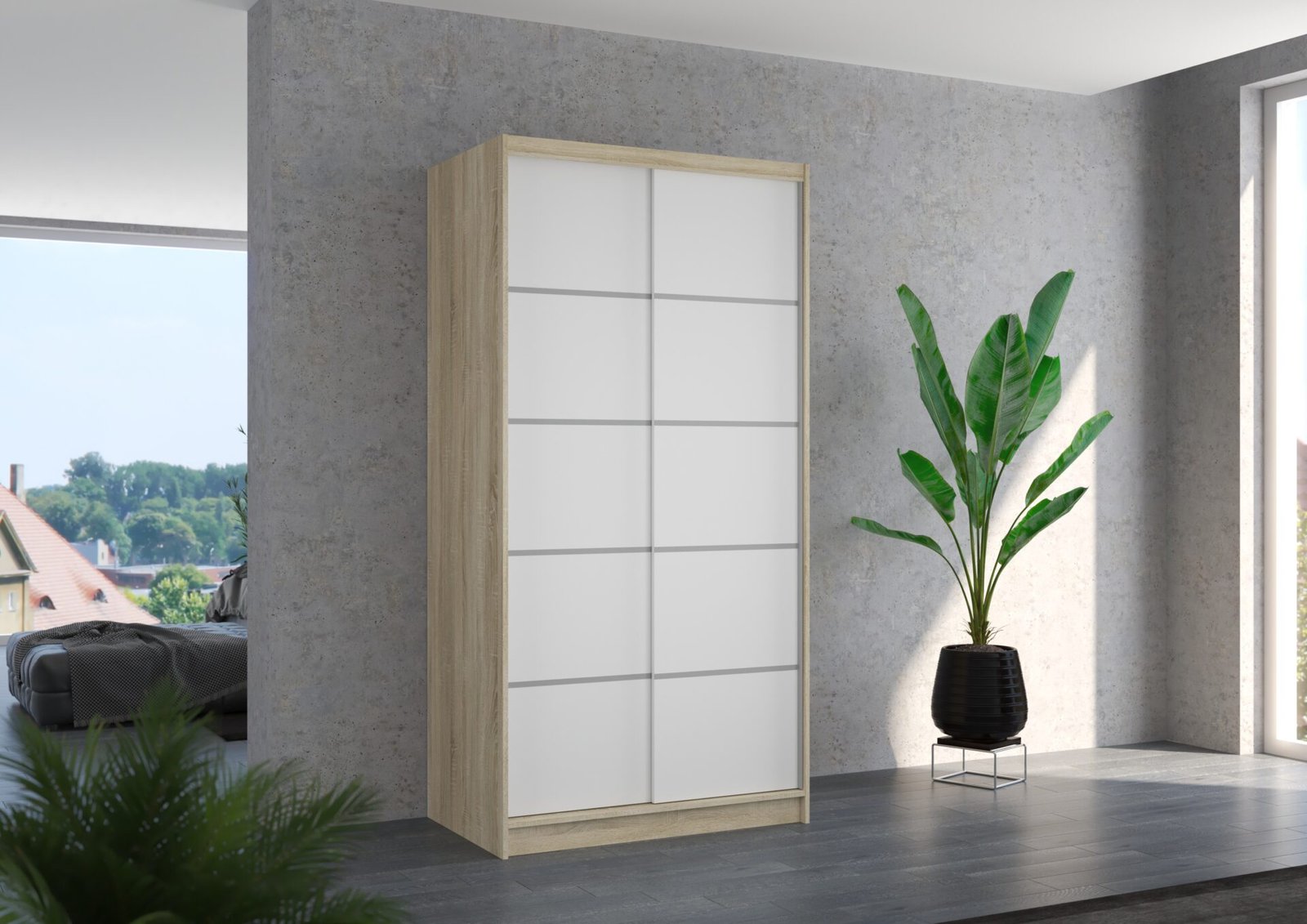 RIVA 100 sliding wardrobe with Sonoma/white finish, ADRK - Image 2