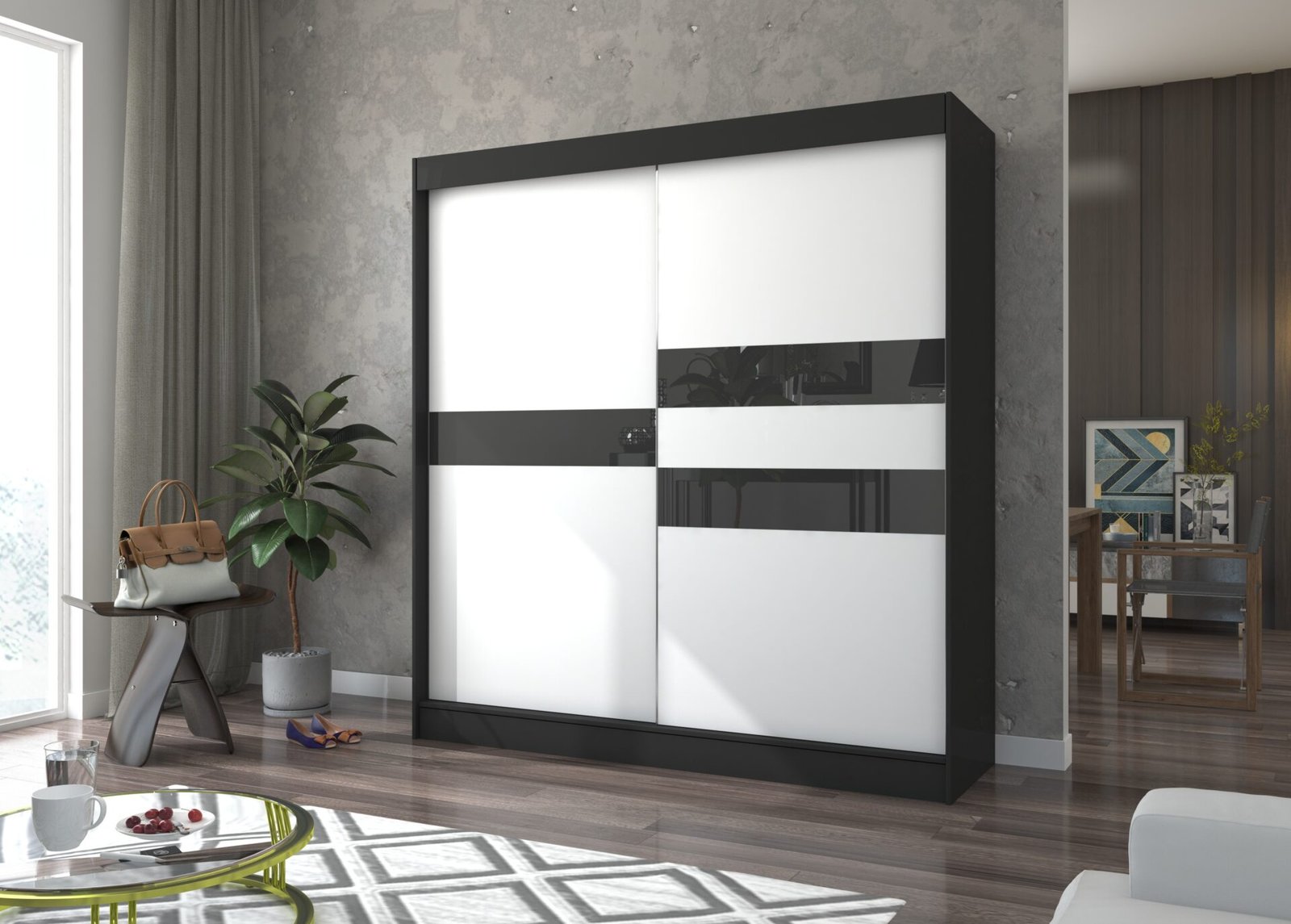 BATIA 200 black/white ADRK sliding wardrobe with Lacobel - Image 2
