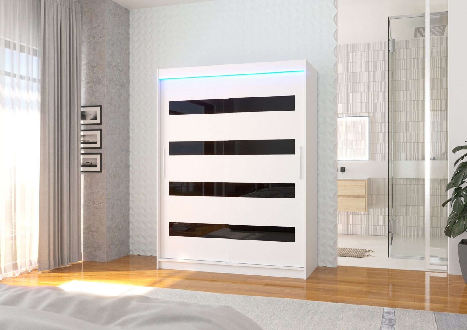 Sliding wardrobe with Lacobel and LED lighting MARTINEZ 150 white/black Lacobel ADRK - Image 2