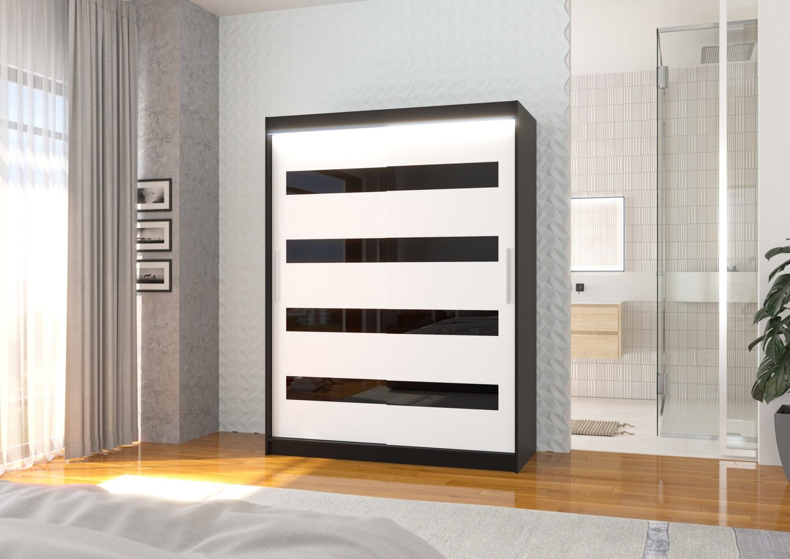 Sliding wardrobe with "lacobel" and LED lighting MARTINEZ 150 black/white ADRK - Image 2