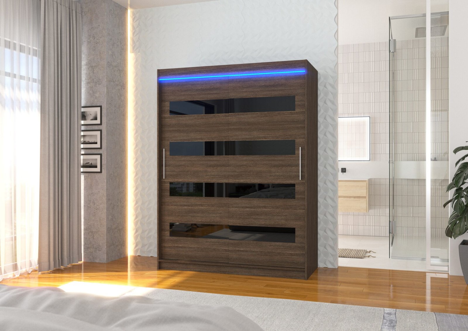 Sliding wardrobe with Lacobel and LED lighting MARTINEZ 150 Chocolate/Black Lacobel ADRK - Image 2