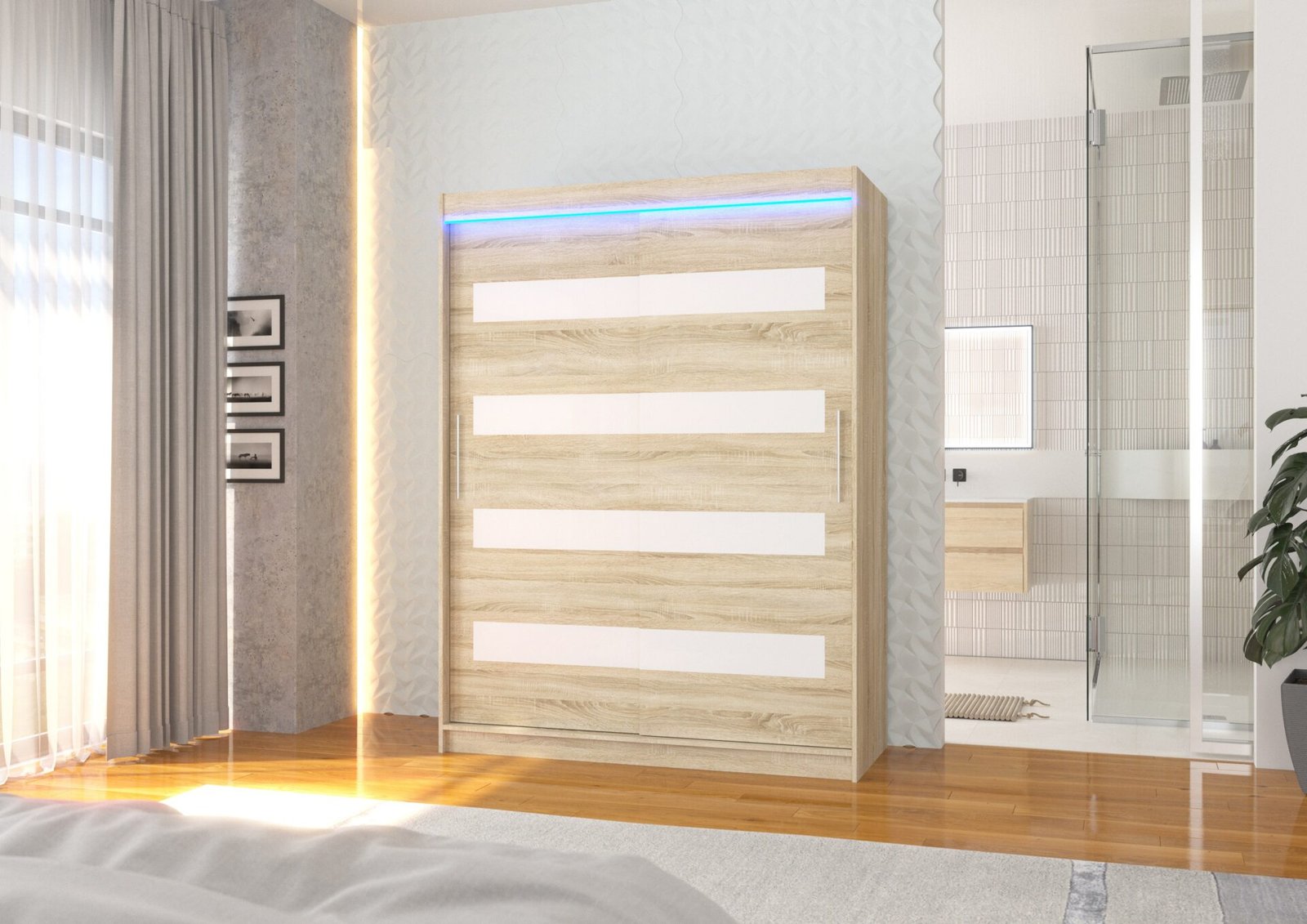 Sliding wardrobe with Lacobel and LED lighting MARTINEZ 150 Sonoma/White Lacobel ADRK - Image 2