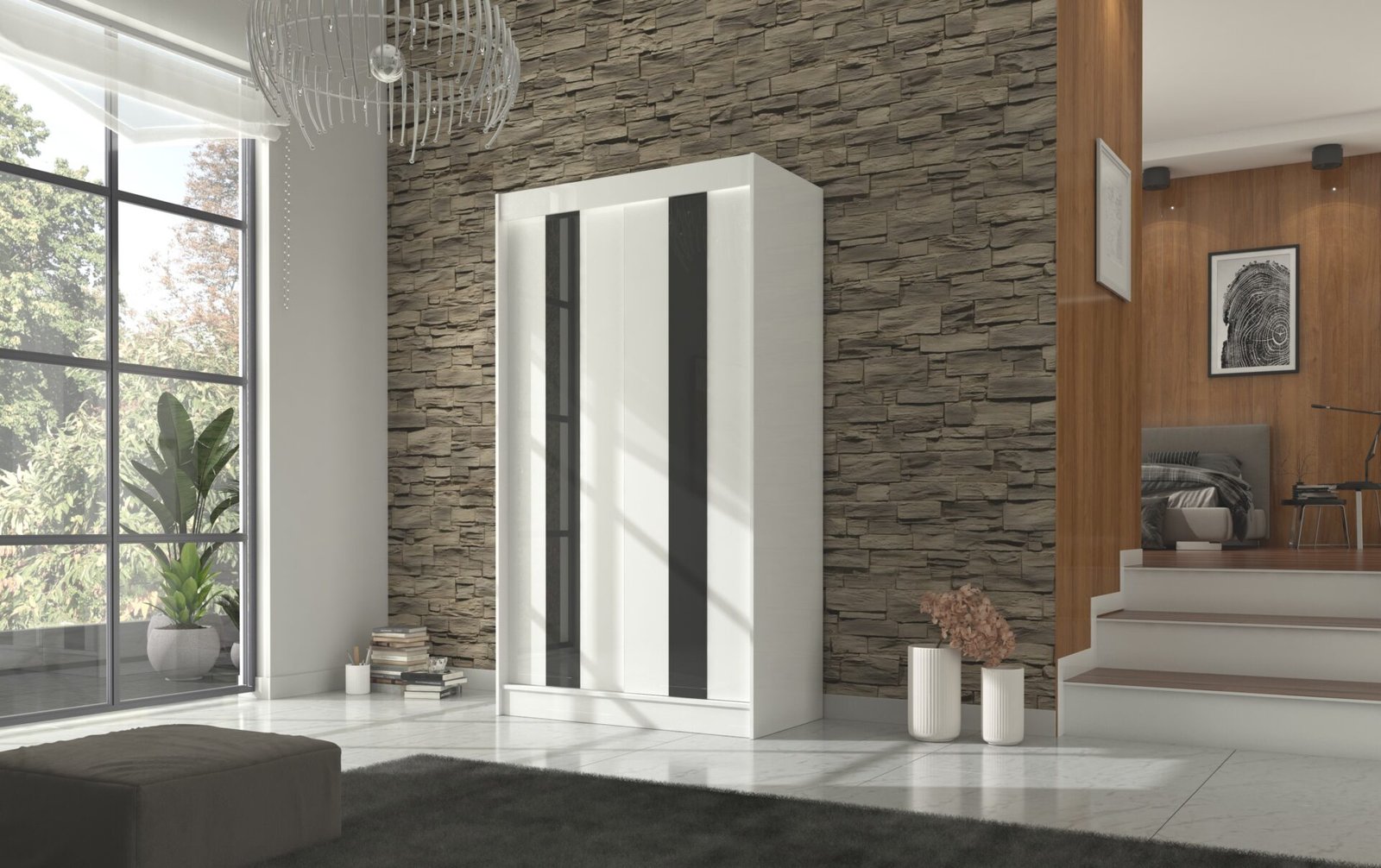 Sliding wardrobe with sliding doors KAREN 120 white/black Lacobel ADRK - Image 2