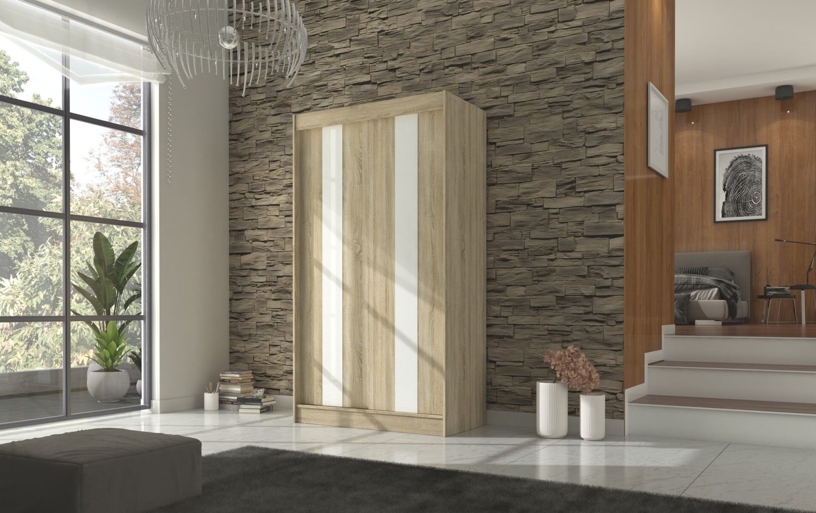 Sliding wardrobe with sliding doors KAREN 120 Sonoma/White Lacobel ADRK - Image 2