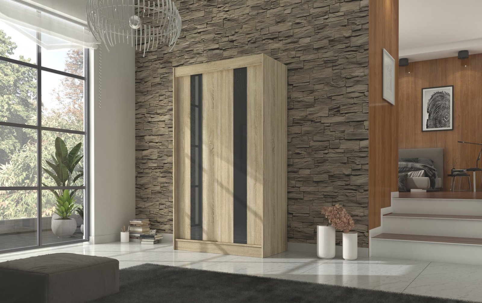 Sliding wardrobe with sliding doors KAREN 120 Sonoma/Black Lacobel ADRK - Image 2