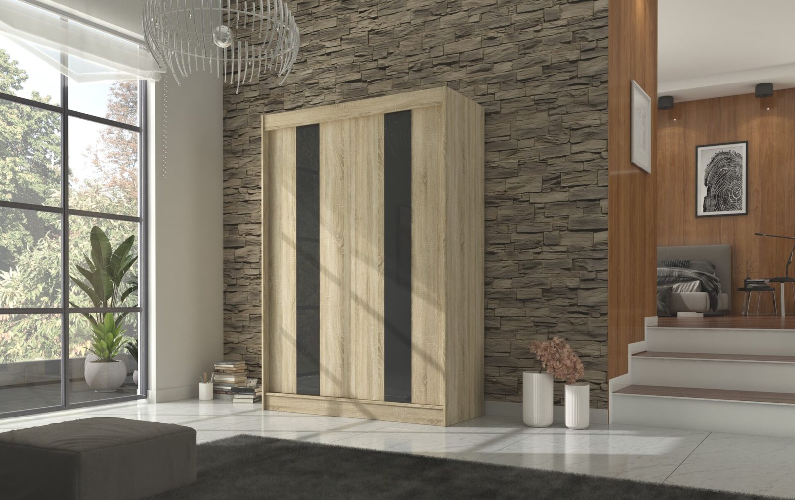 Sliding wardrobe with sliding doors KAREN 150 Sonoma/Black Lacobel ADRK - Image 2