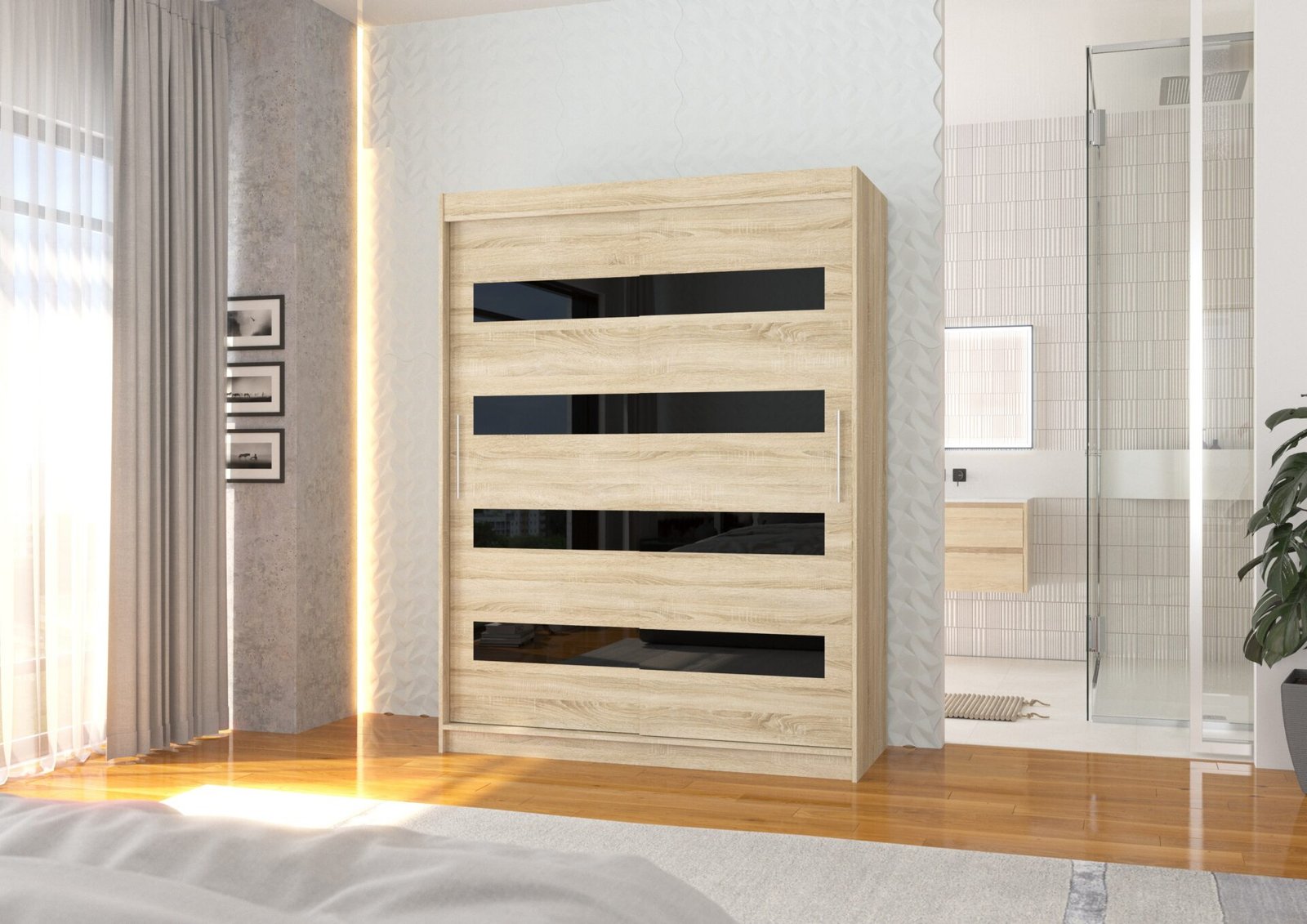 Sliding wardrobe with sliding doors MARTINEZ 150 Sonoma/Black Lacobel ADRK - Image 3