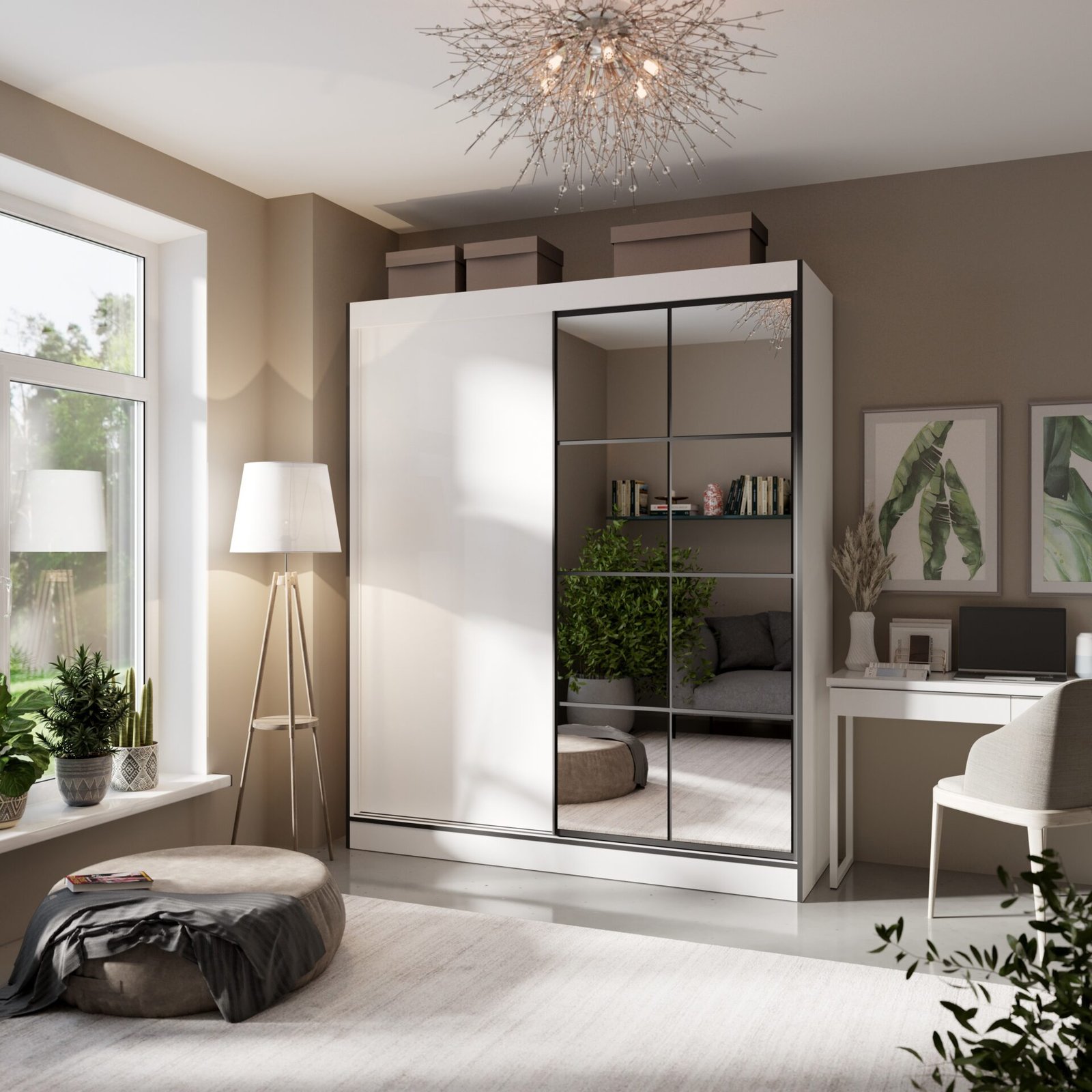 OSGAR 180 Sliding wardrobe with mirrors, white/black, ADRK - Image 3