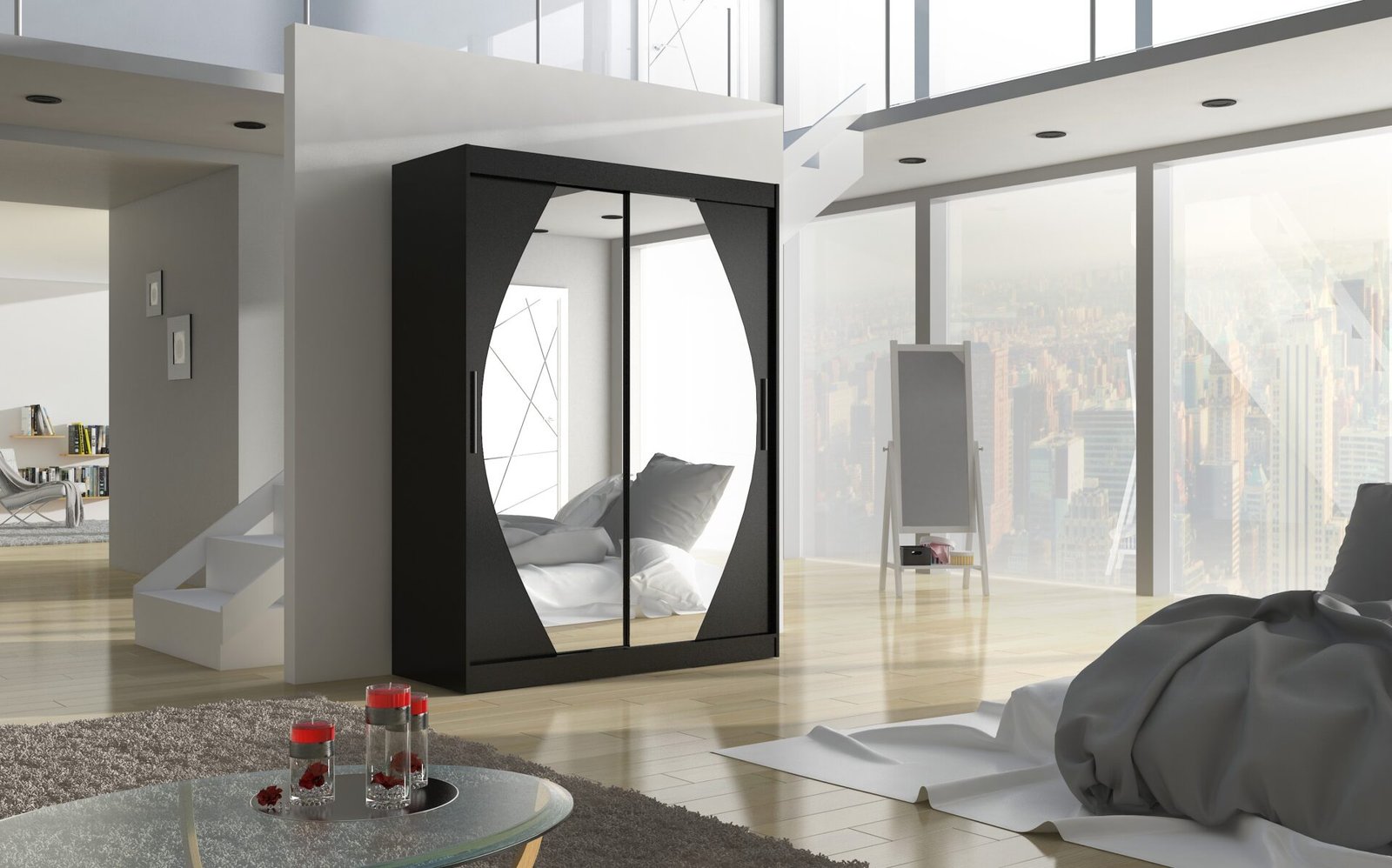 Sliding wardrobe with mirror ALEN 150 black ADRK - Image 2