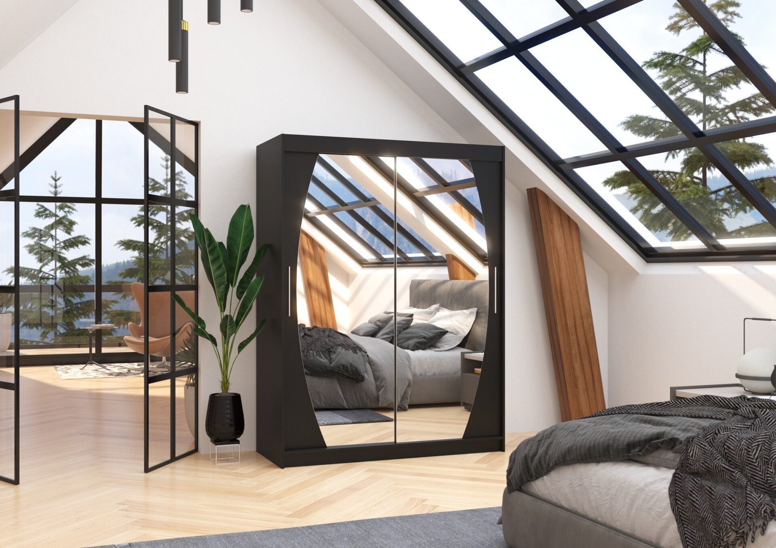 Sliding wardrobe with mirror ALEN 150 black ADRK - Image 3