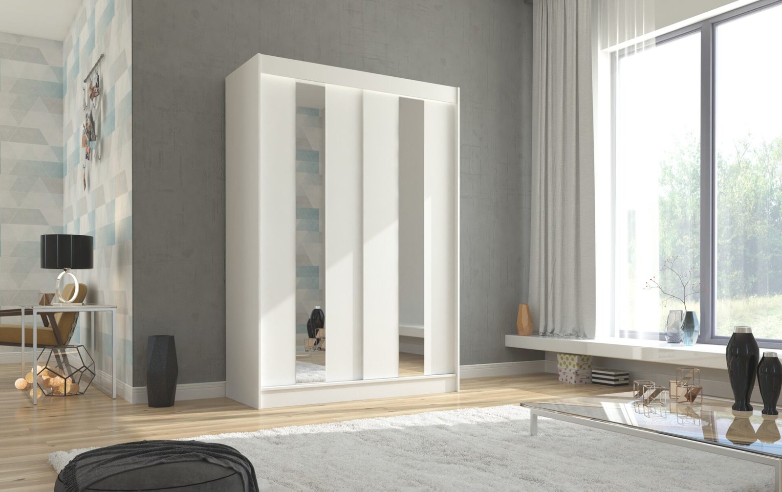 Sliding wardrobe with mirror BALTON 150 white ADRK - Image 2