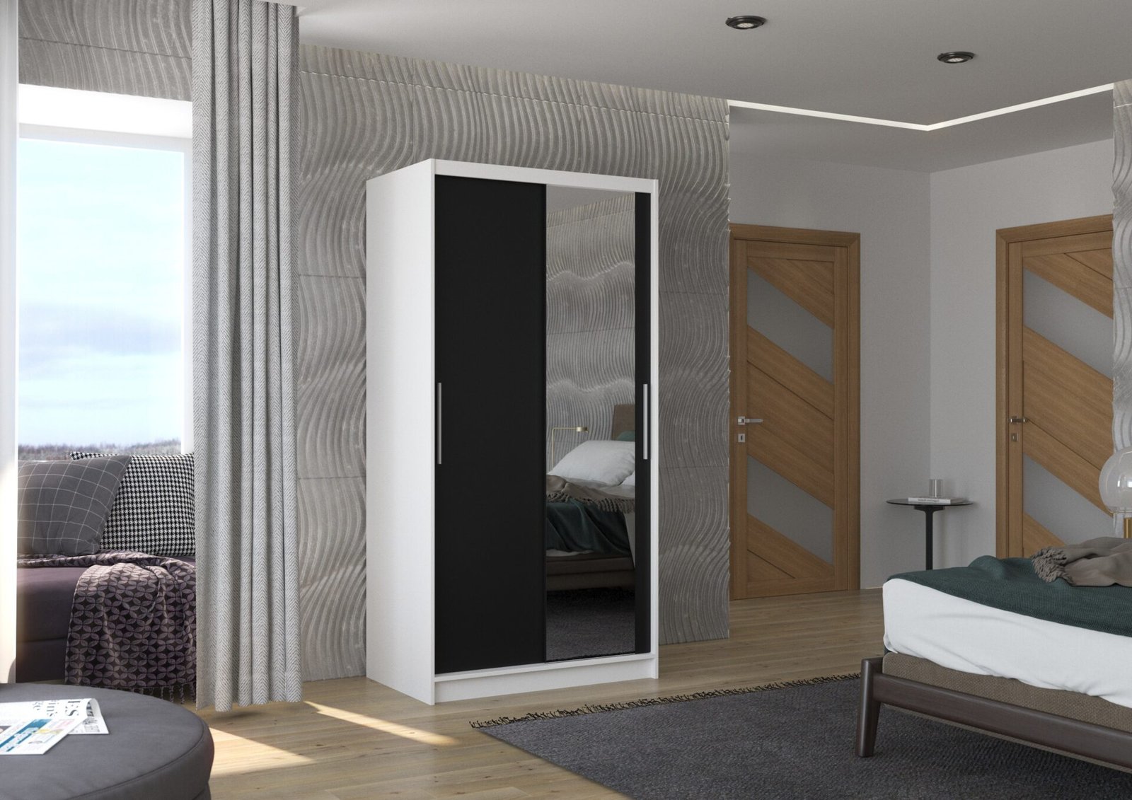 BAROS 100 Sliding wardrobe with mirror, white/black, ADRK - Image 2