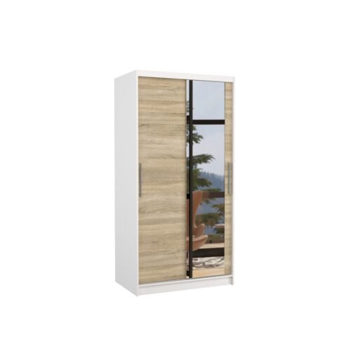 BAROS 100 sliding wardrobe with mirror, white/Sonoma, ADRK