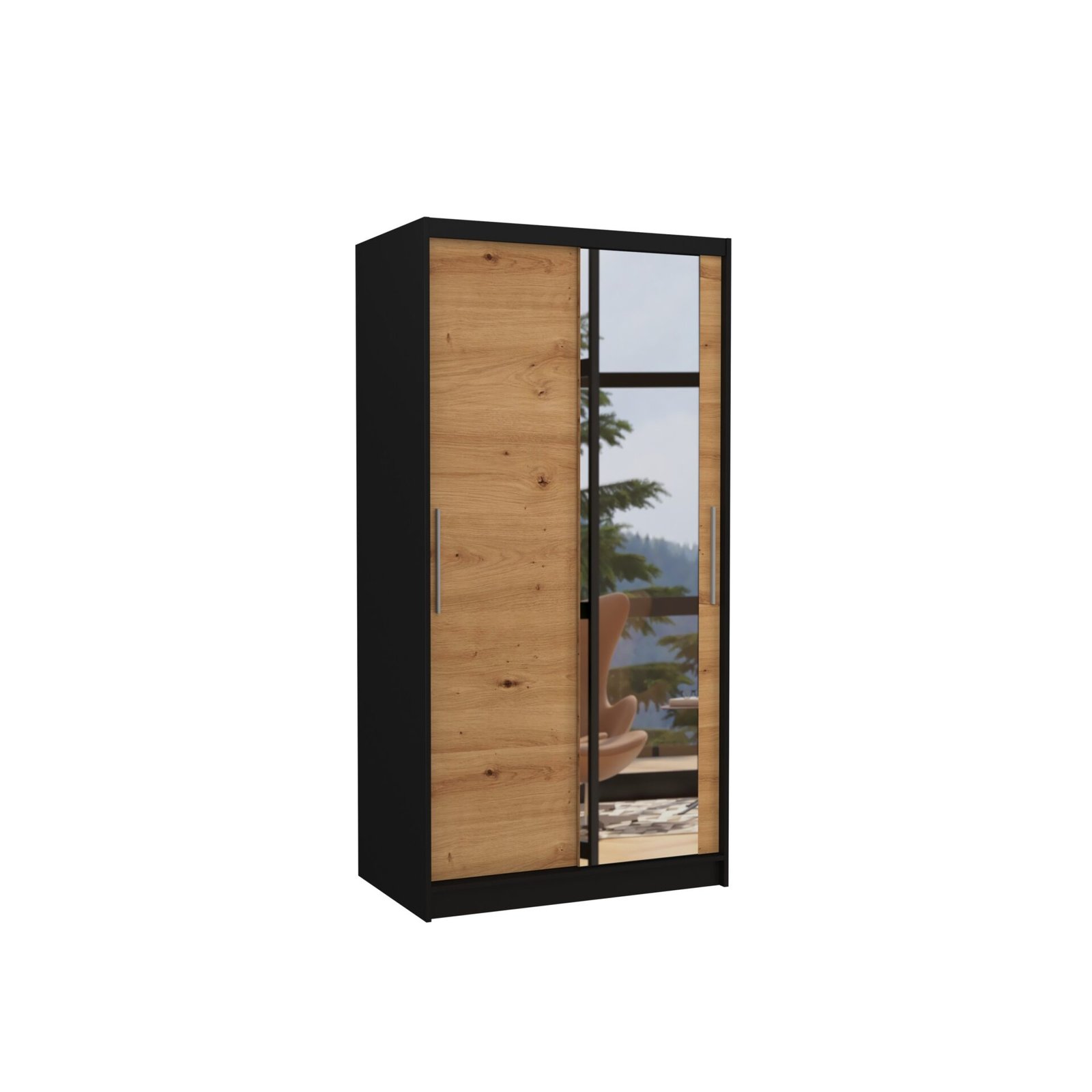 BAROS 100 sliding wardrobe with mirror, black/artisanal, ADRK