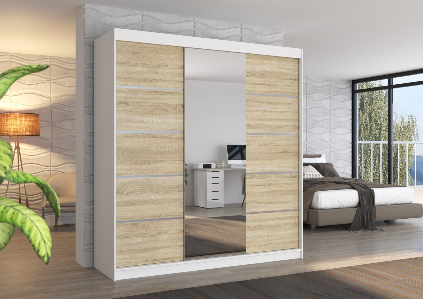 BERGEN 200 sliding wardrobe with mirror, white/Sonoma, ADRK - Image 2