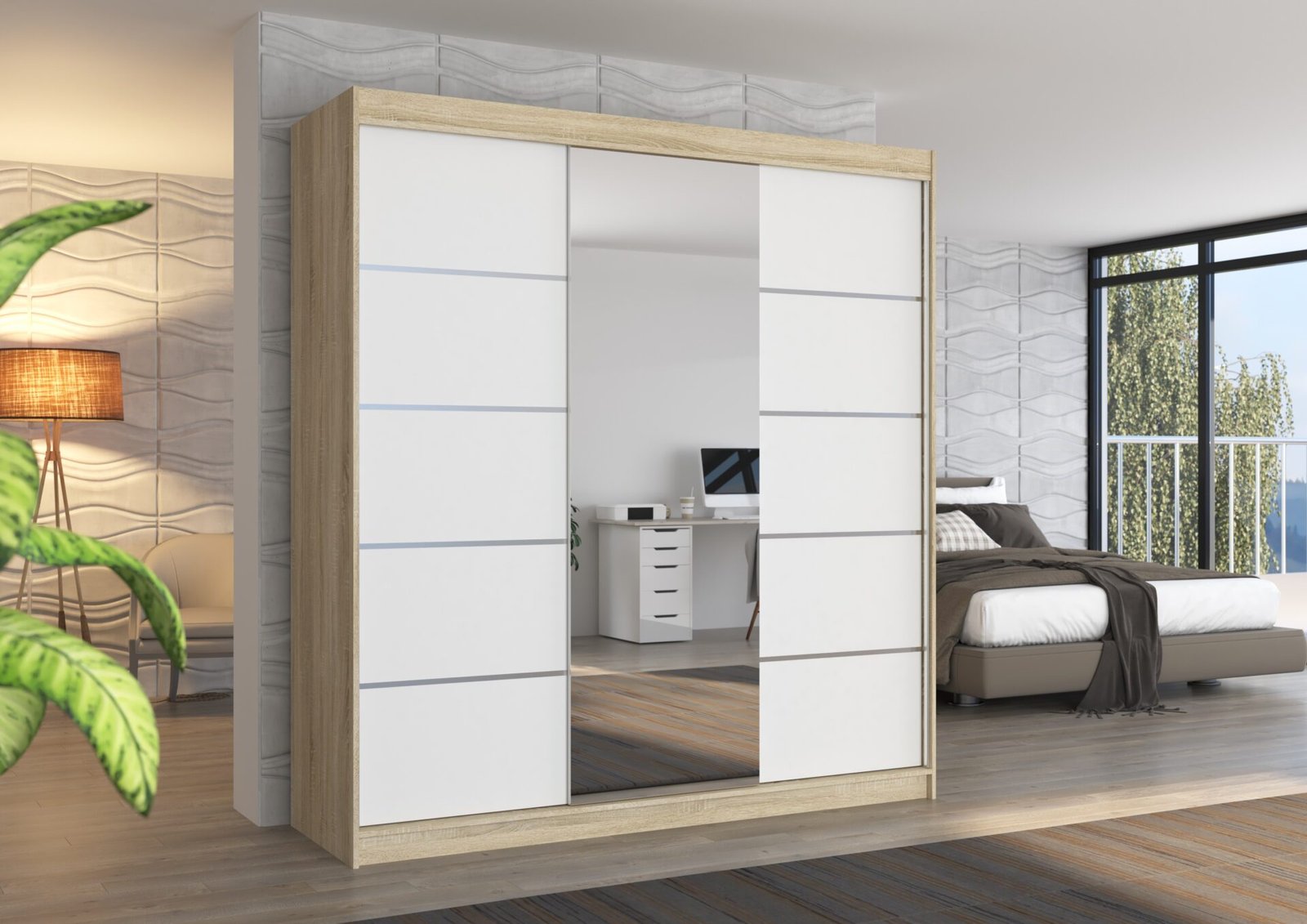 BERGEN 200 Sonoma/White ADRK Sliding wardrobe with mirror - Image 2