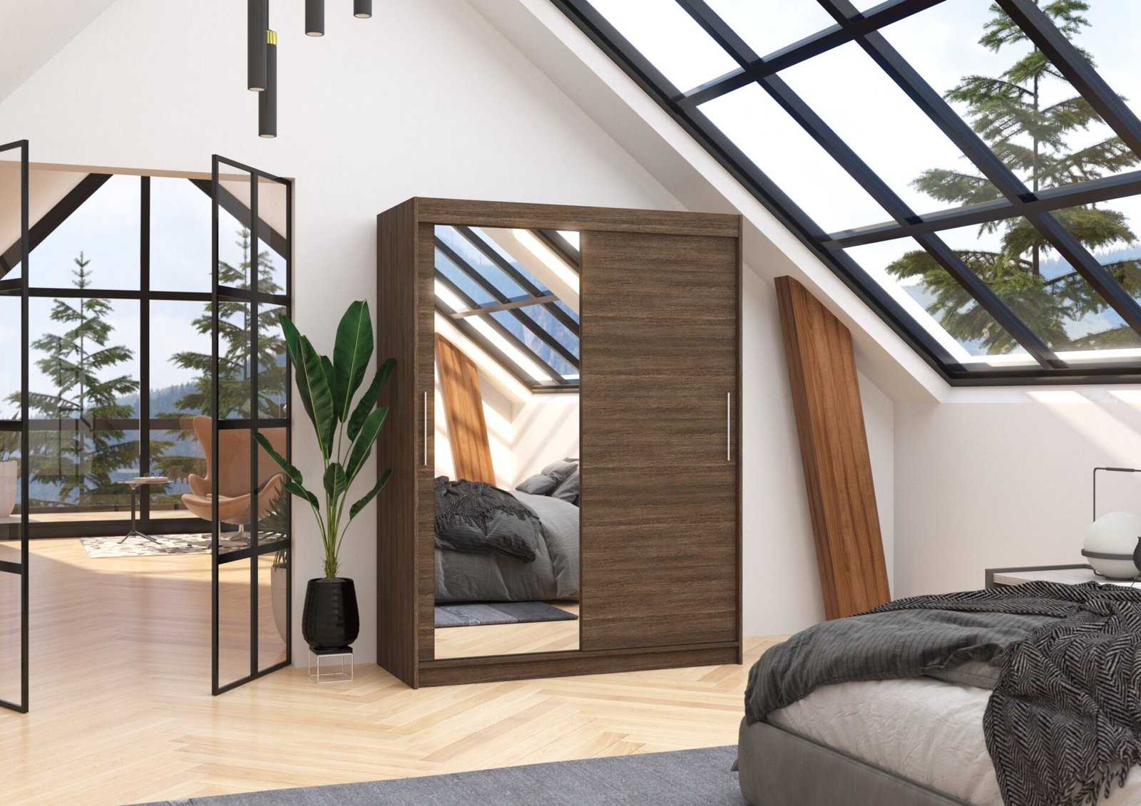 Sliding wardrobe with mirror BIANCO 150 chocolate color ADRK - Image 3