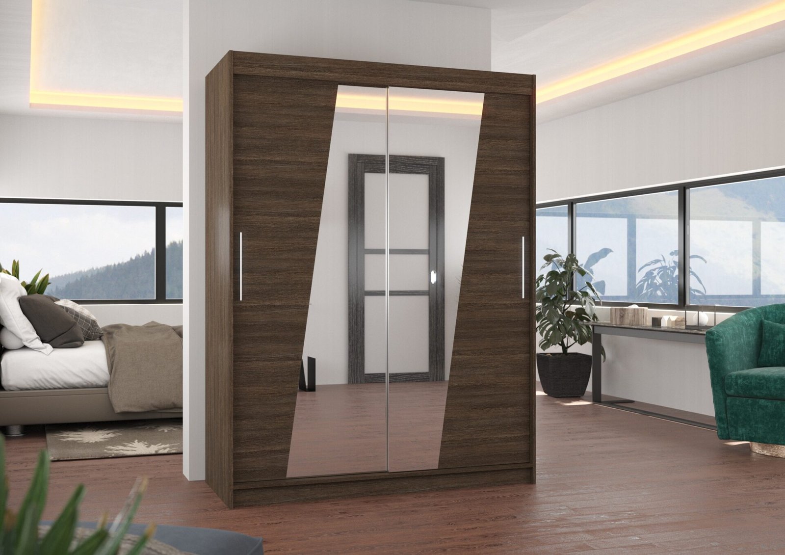 Sliding wardrobe with mirror BOLTON 150 chocolate color ADRK - Image 3