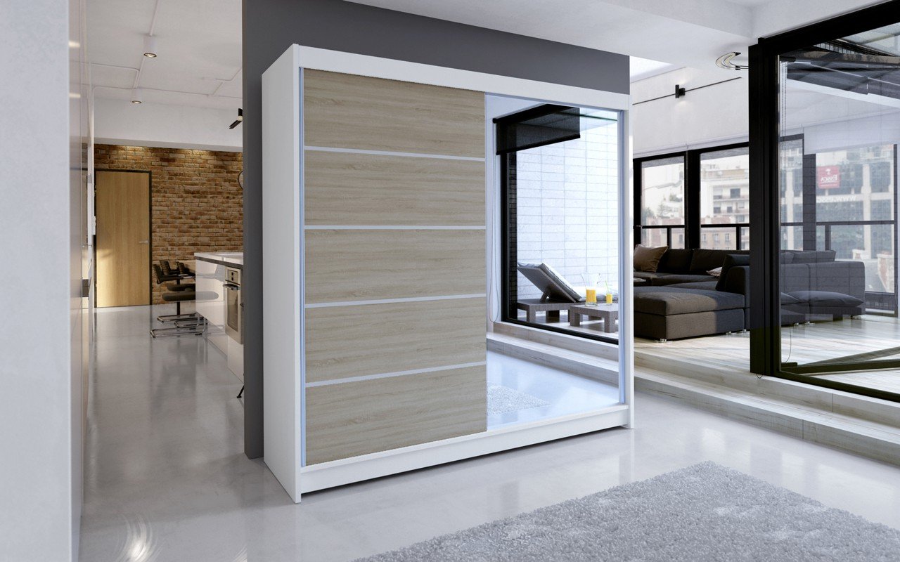 CARO 180 sliding wardrobe with mirror, white/Sonoma, ADRK - Image 2