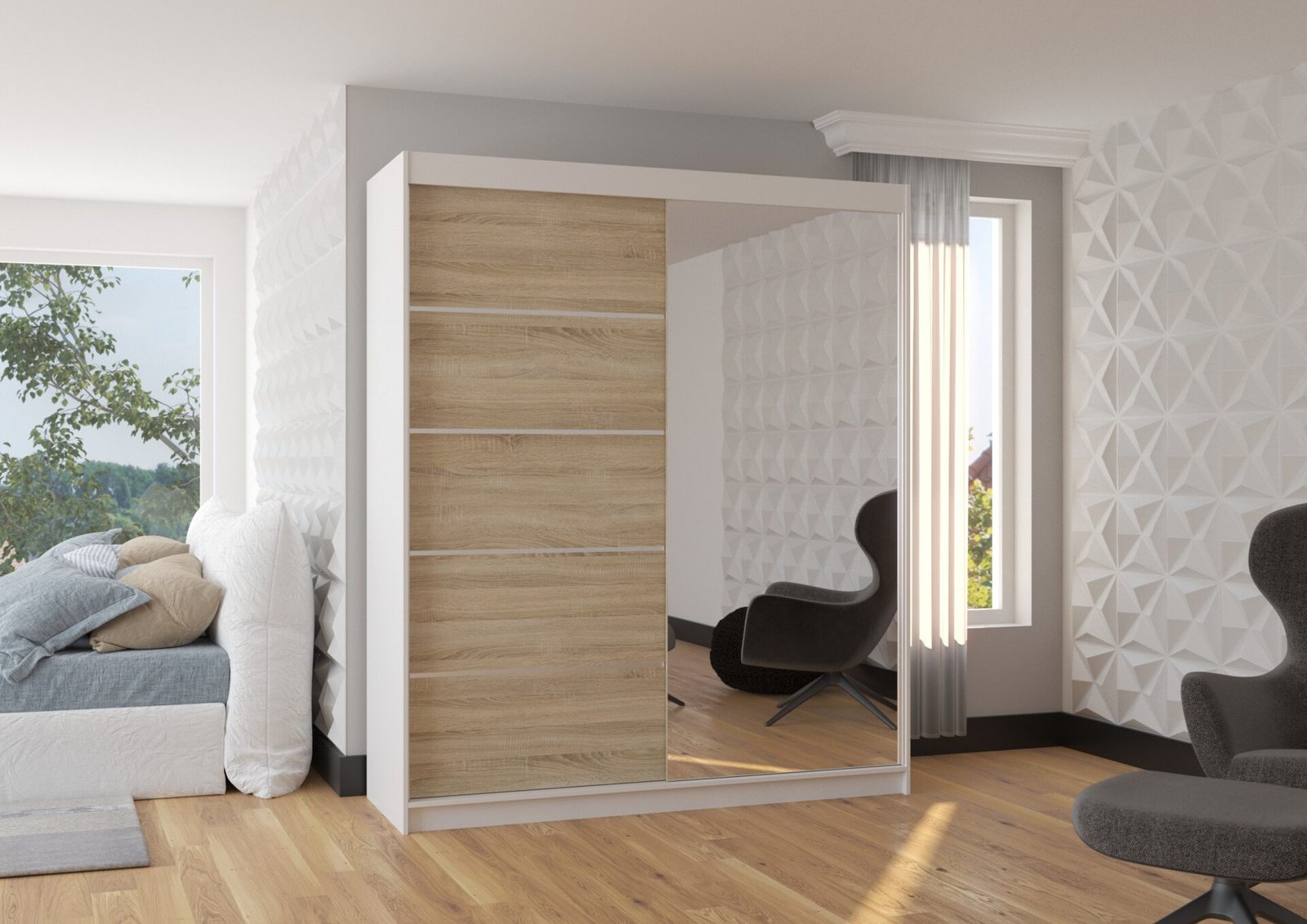 CARO 180 sliding wardrobe with mirror, white/Sonoma, ADRK - Image 3