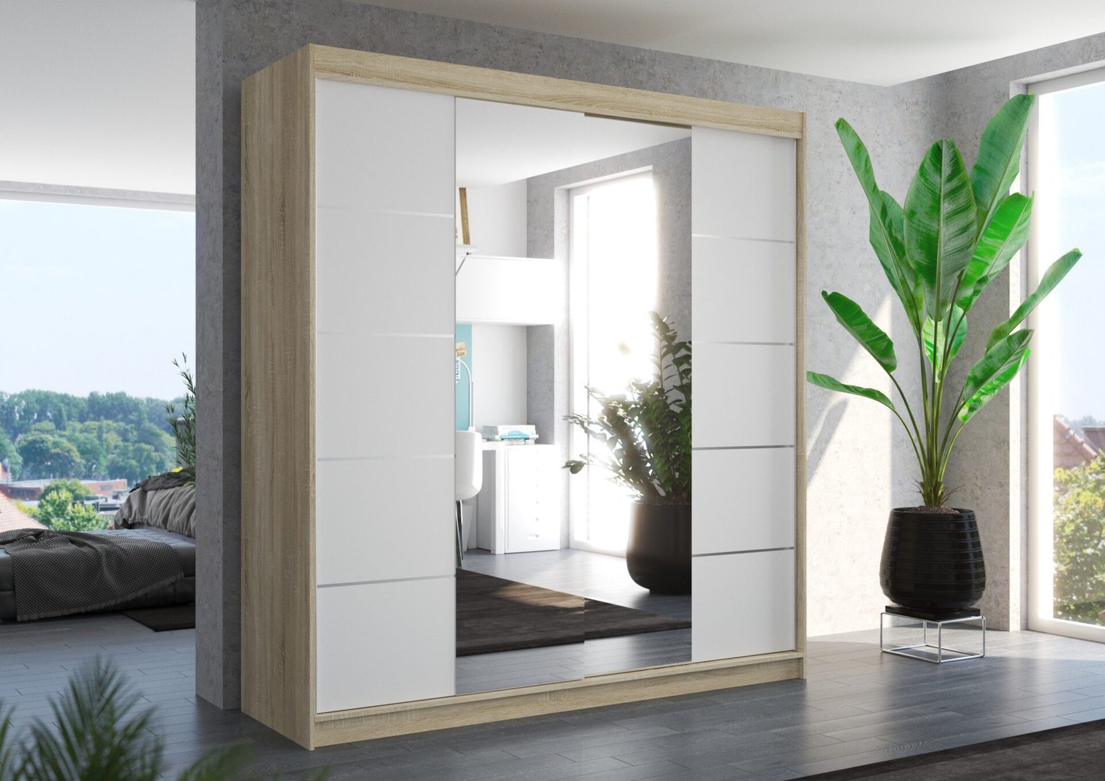 Sliding wardrobe with mirror DALMATIA 200 Sonoma/White ADRK - Image 2
