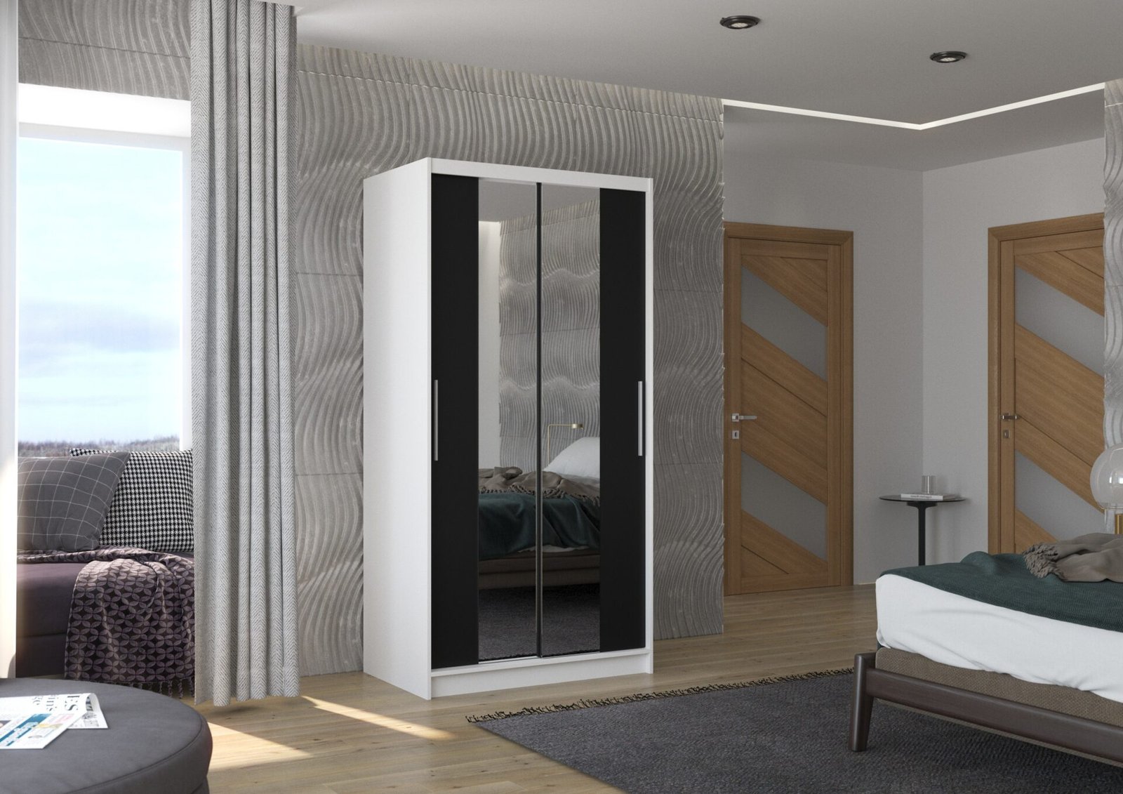 Sliding wardrobe with mirror DRAGONIS 100 white/black ADRK - Image 2