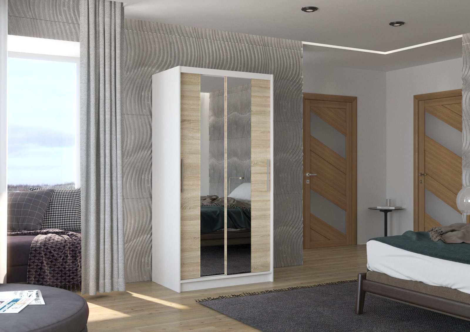 Sliding wardrobe with mirror DRAGONIS 100 white/Sonoma ADRK - Image 2