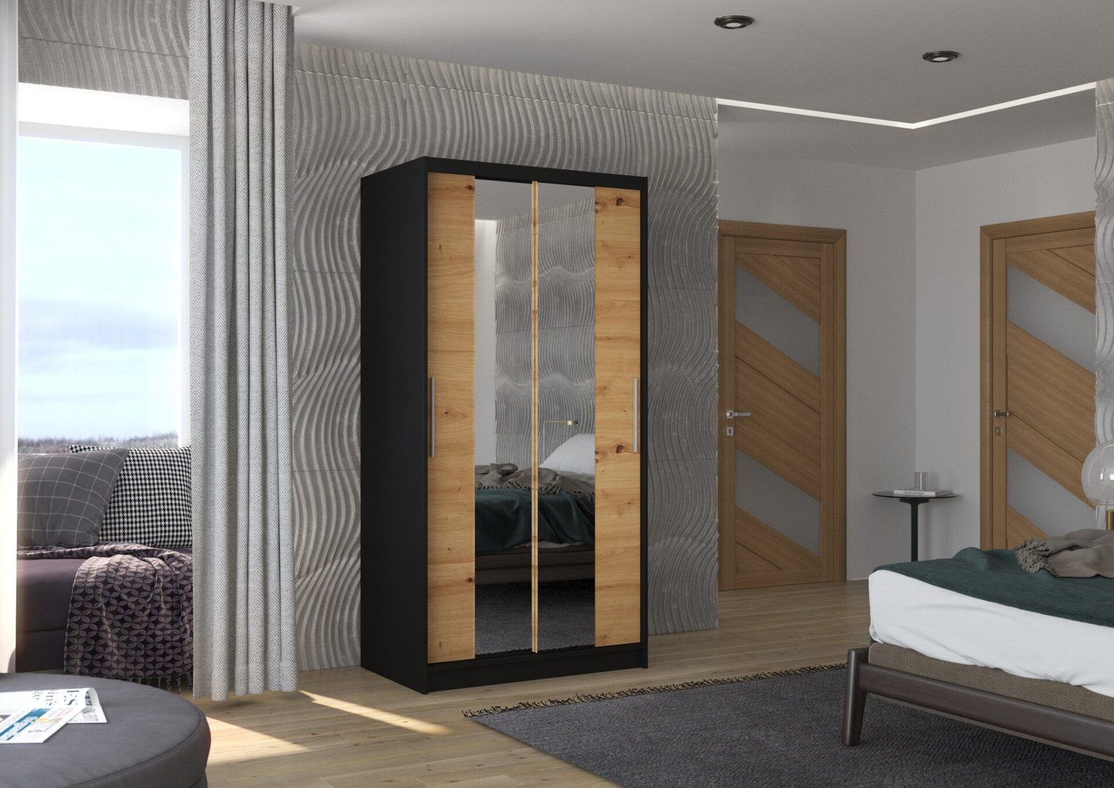 Sliding wardrobe with mirror DRAGONIS 100 black/artisan ADRK - Image 2