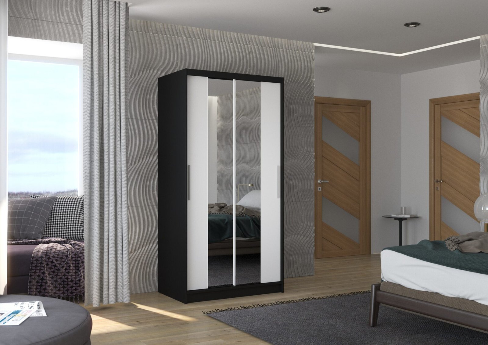 Sliding wardrobe with mirror DRAGONIS 100 black/white ADRK - Image 2