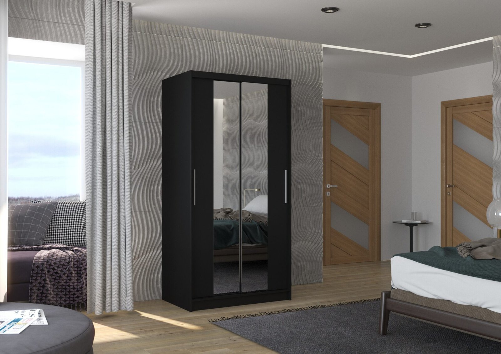 Sliding wardrobe with mirror DRAGONIS 100 black ADRK - Image 2