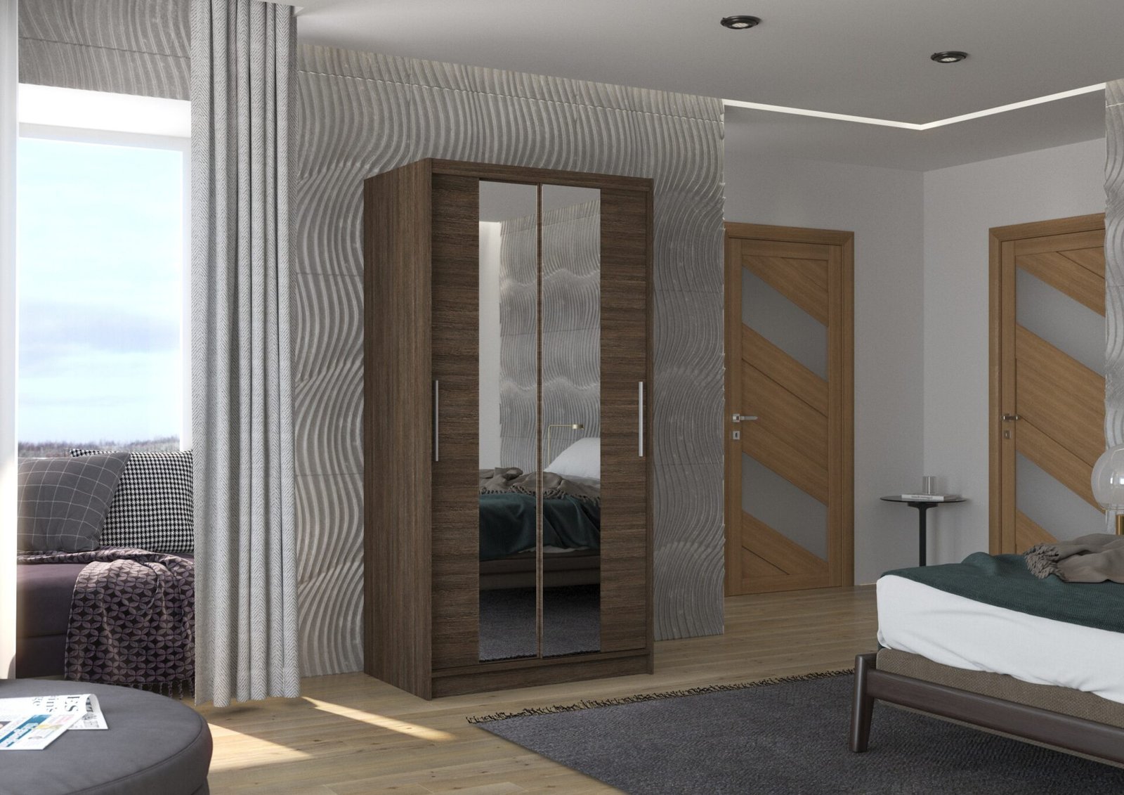Sliding wardrobe with mirror DRAGONIS 100 chocolate color ADRK - Image 2