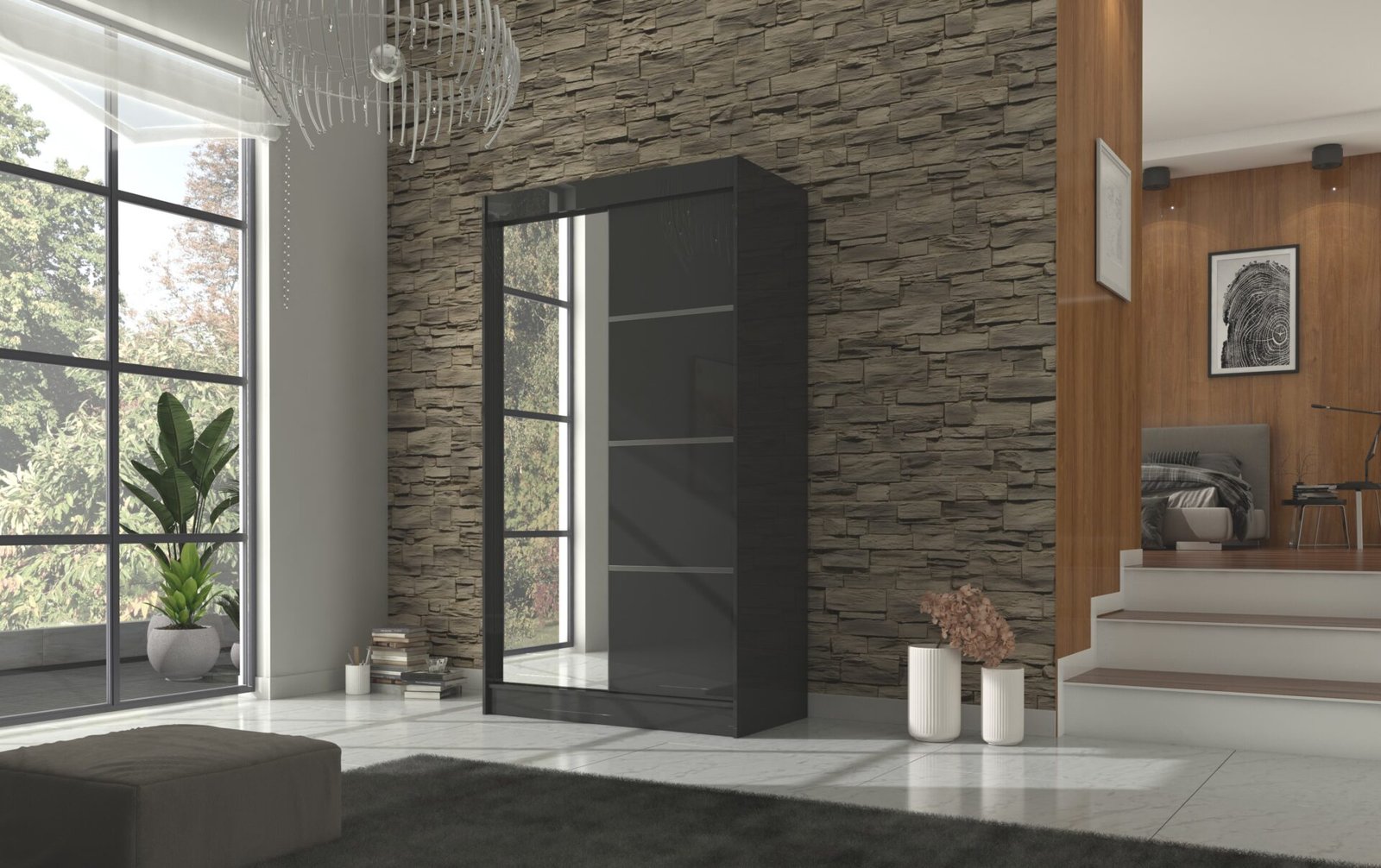 Sliding wardrobe with mirror GILTON 120 black ADRK - Image 2
