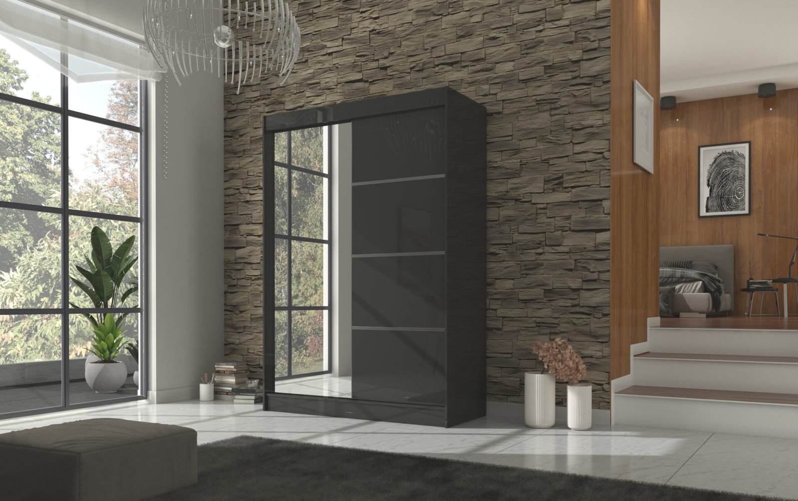 Sliding wardrobe with mirror GILTON 150 black ADRK - Image 2