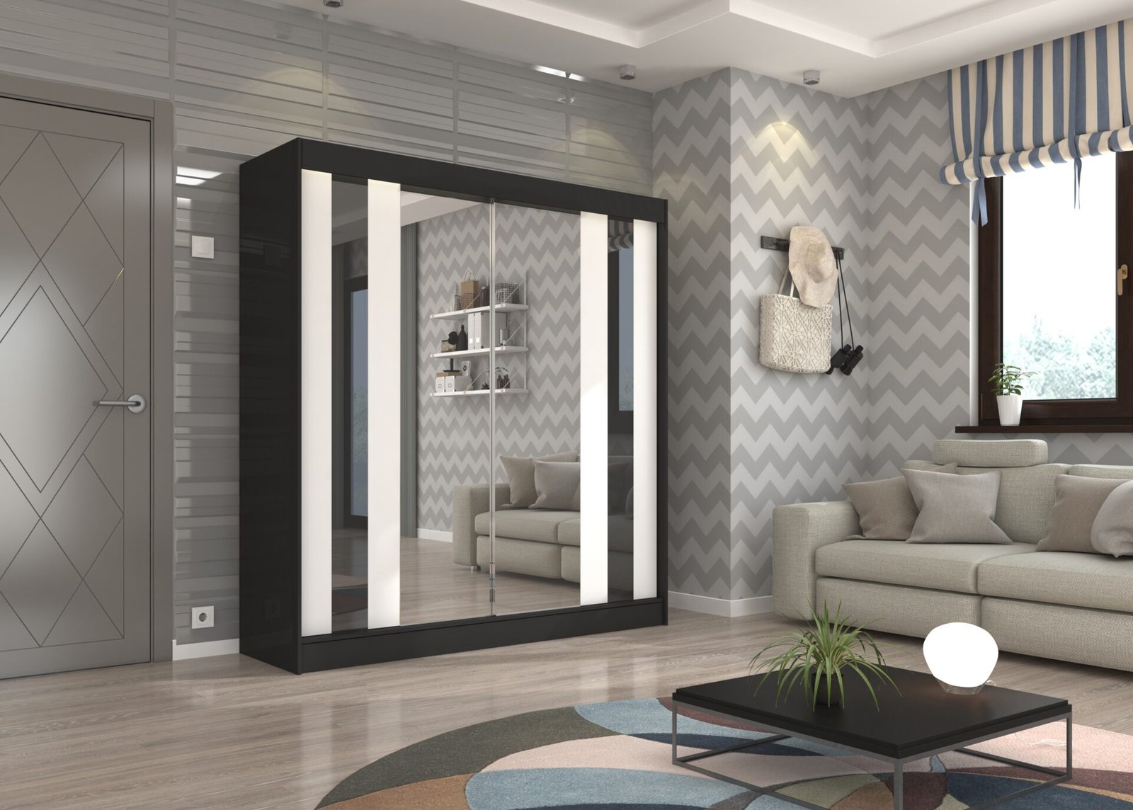 Sliding wardrobe with mirror and curtains KEITA 200 black/white ADRK - Image 2
