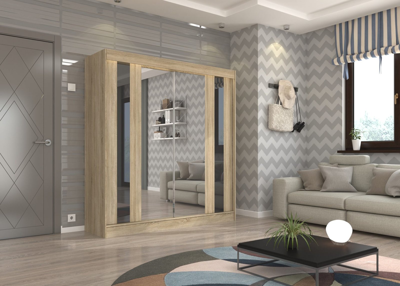 Sliding wardrobe with mirror and lacobel KEITA 200 Sonoma/Black Lacobel ADRK - Image 2