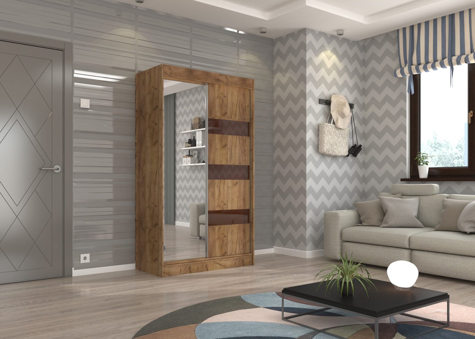 Sliding wardrobe with mirror and Lacobel TOURA 120 Craft/Chocolate Lacobel ADRK - Image 2