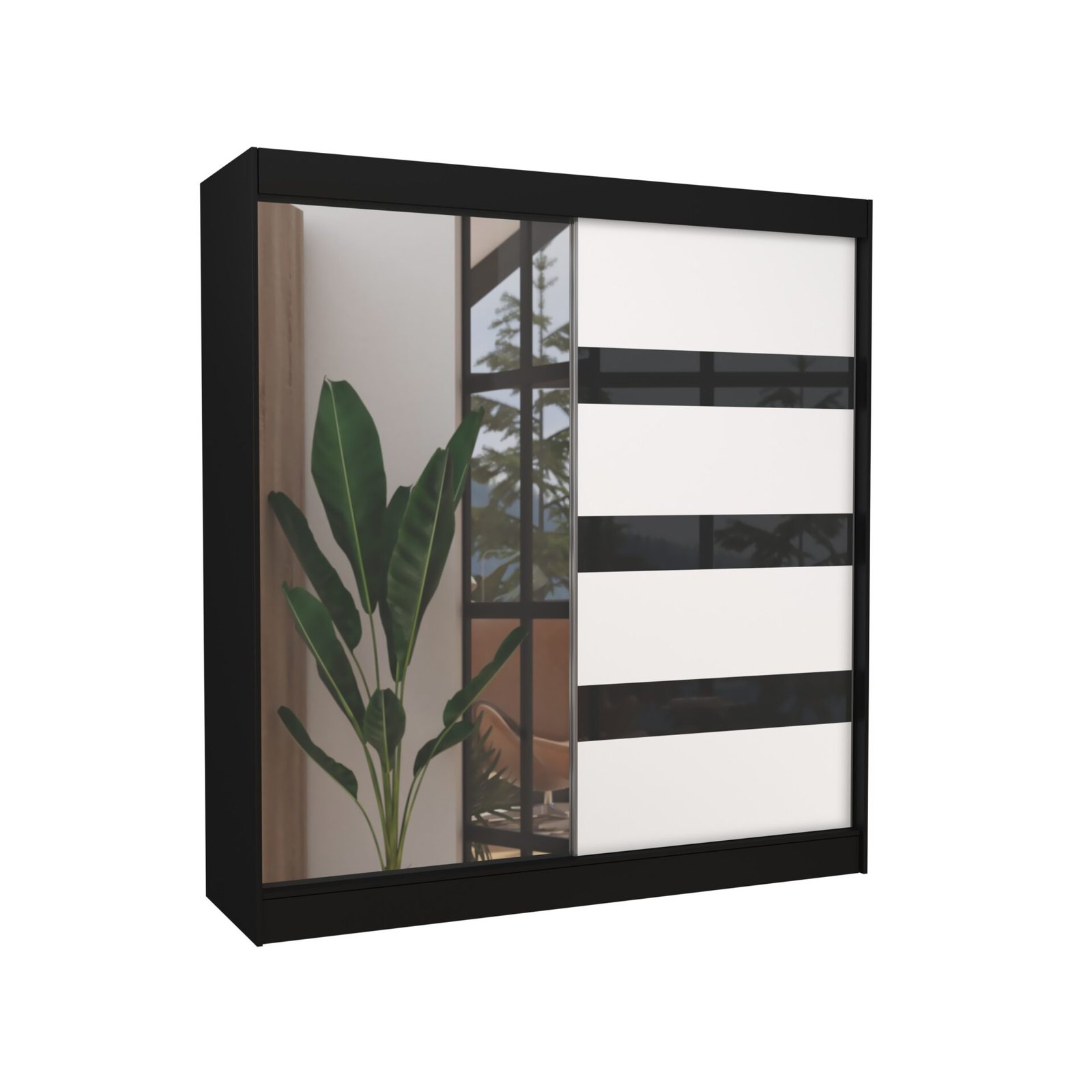 Sliding wardrobe with mirror and curtains TOURA 200 black/white ADRK