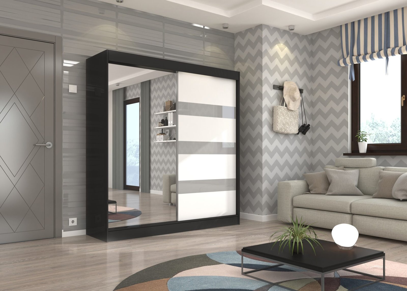 Sliding wardrobe with mirror and curtains TOURA 200 black/white ADRK - Image 2