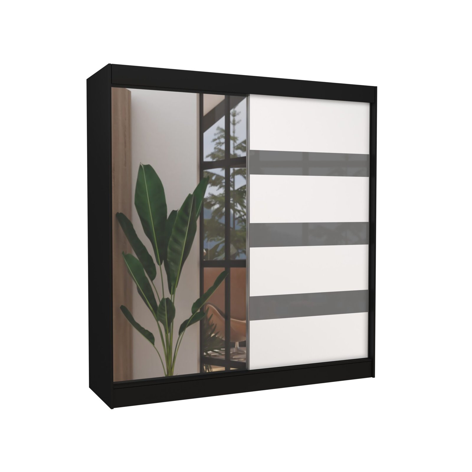 Sliding wardrobe with mirror and curtains TOURA 200 black/white ADRK