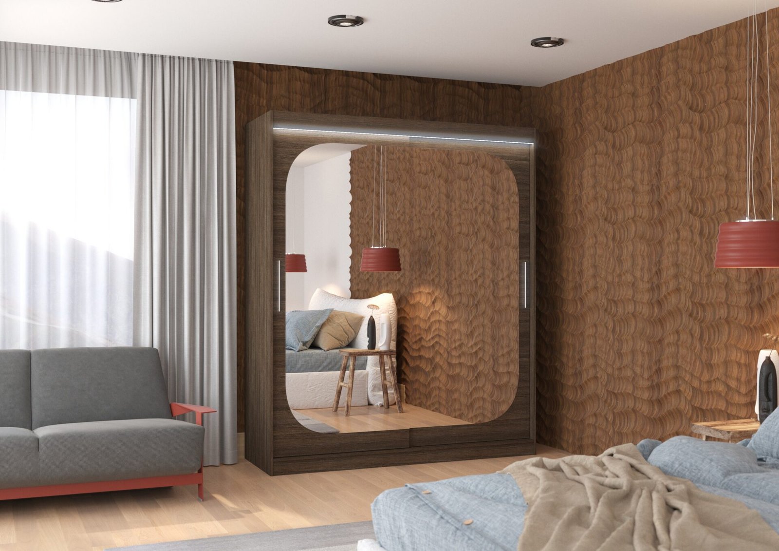 Sliding wardrobe with mirror and LED lighting ARIZONA 180 Chocolate ADRK - Image 2