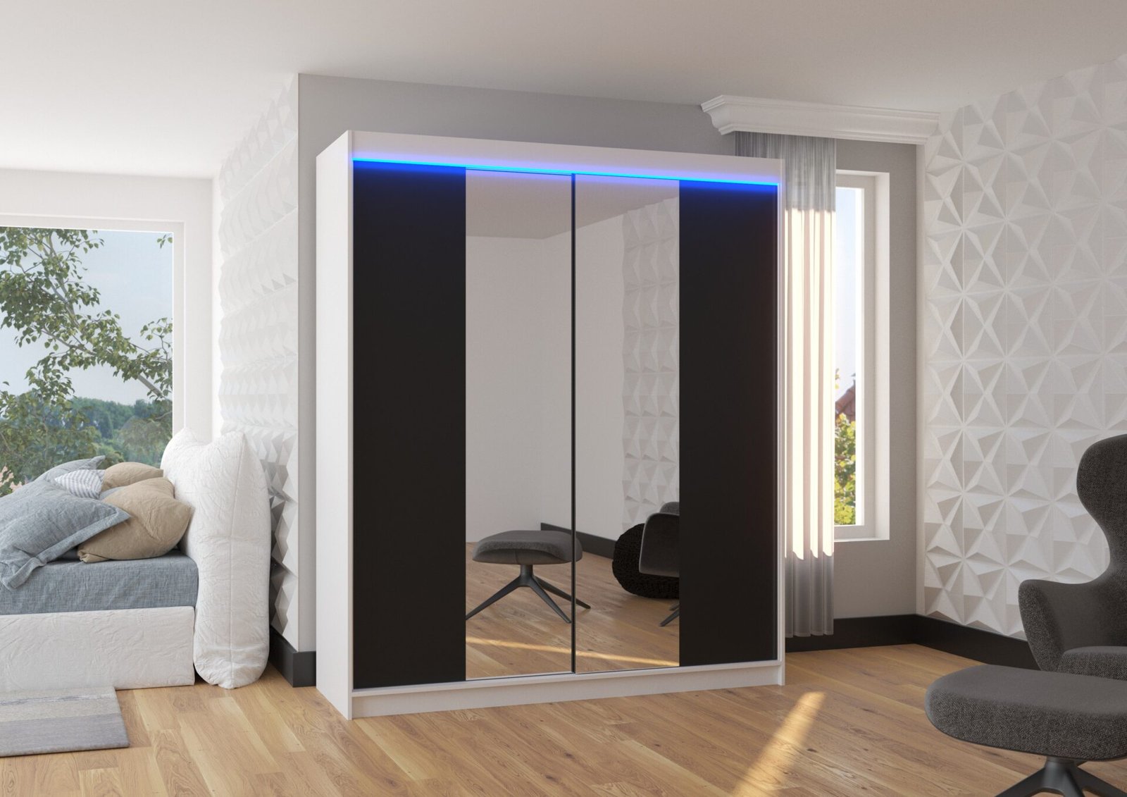 Sliding wardrobe with mirror and LED lighting BALANCE 180 white/black ADRK - Image 2